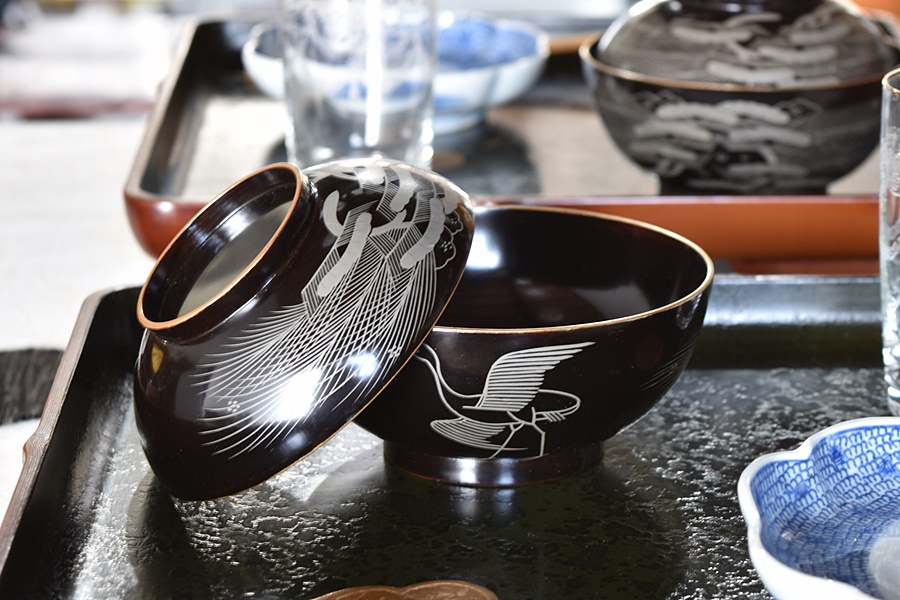 時代蒔絵 【琴》茶懐石道具 根来塗花鳥蒔絵吸物椀十客 箱