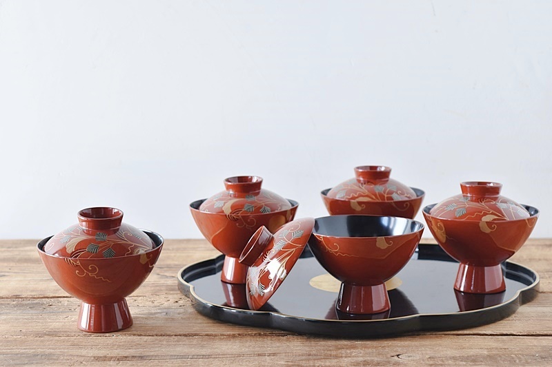 CG34 輪島塗 時代木製漆器 竹笹蒔絵 朱塗御吸物椀 五客 / 伝統漆芸茶