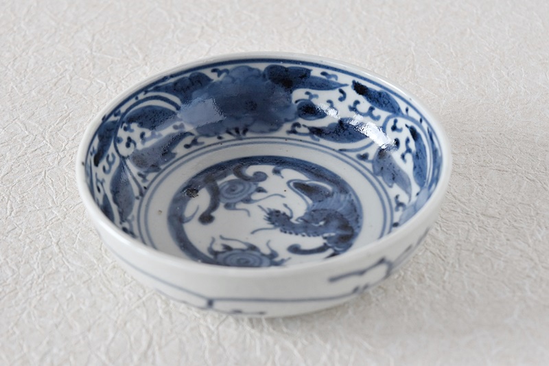 古伊万里 染付 龍と牡丹花 渦福文 膾皿 - 生活骨董と古布の