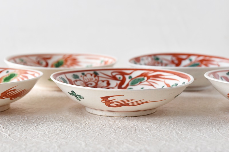 九谷 呉須赤絵花鳥魁字 角福文 5.5寸皿 5枚セット その二 - 生活骨董と