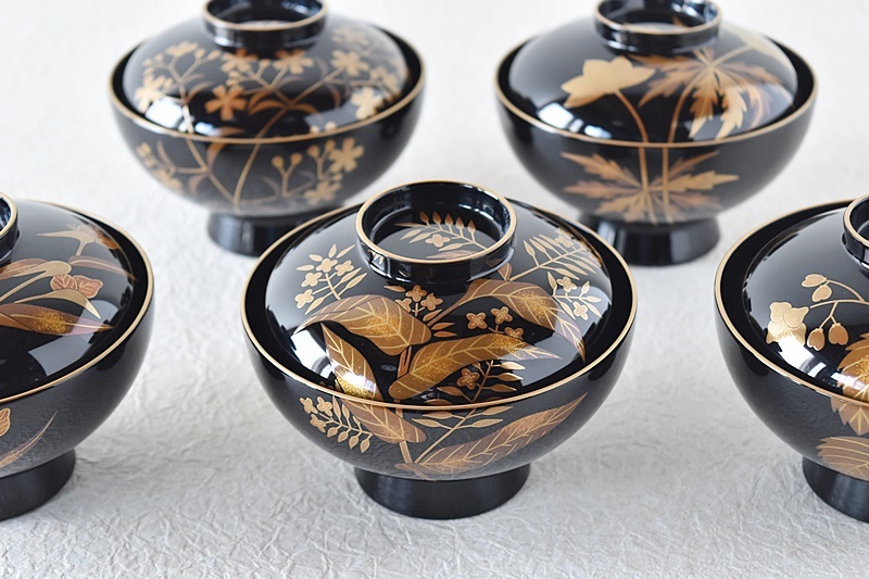 輪島塗 わじま龍作 小川祥二 草花図変わり金蒔絵 研ぎ出し蒔絵 吸物椀