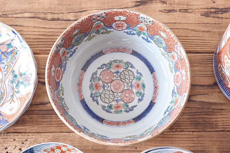 伊万里 色絵 赤絵 花と丸文 雷門繋ぎ 鉢 - 生活骨董と古布の