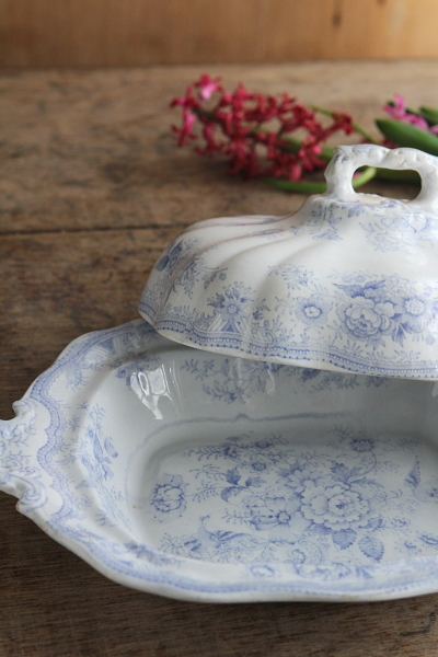 アンティークアジアティックフェザンツミートプレート ブルーアンド