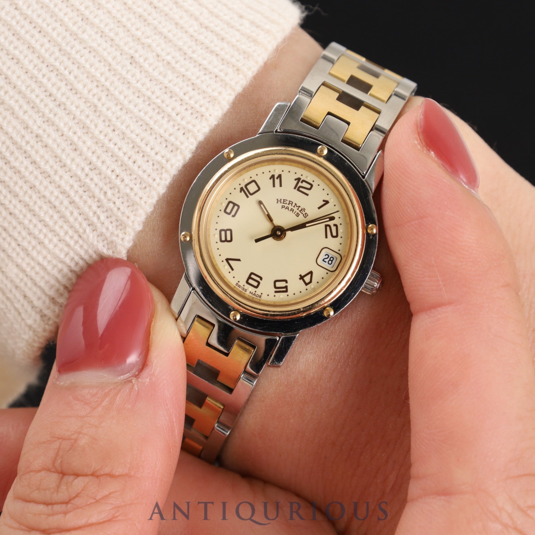 エルメス クリッパー CL4.220 クォーツ SS/GP アイボリー文字盤 24.0mm