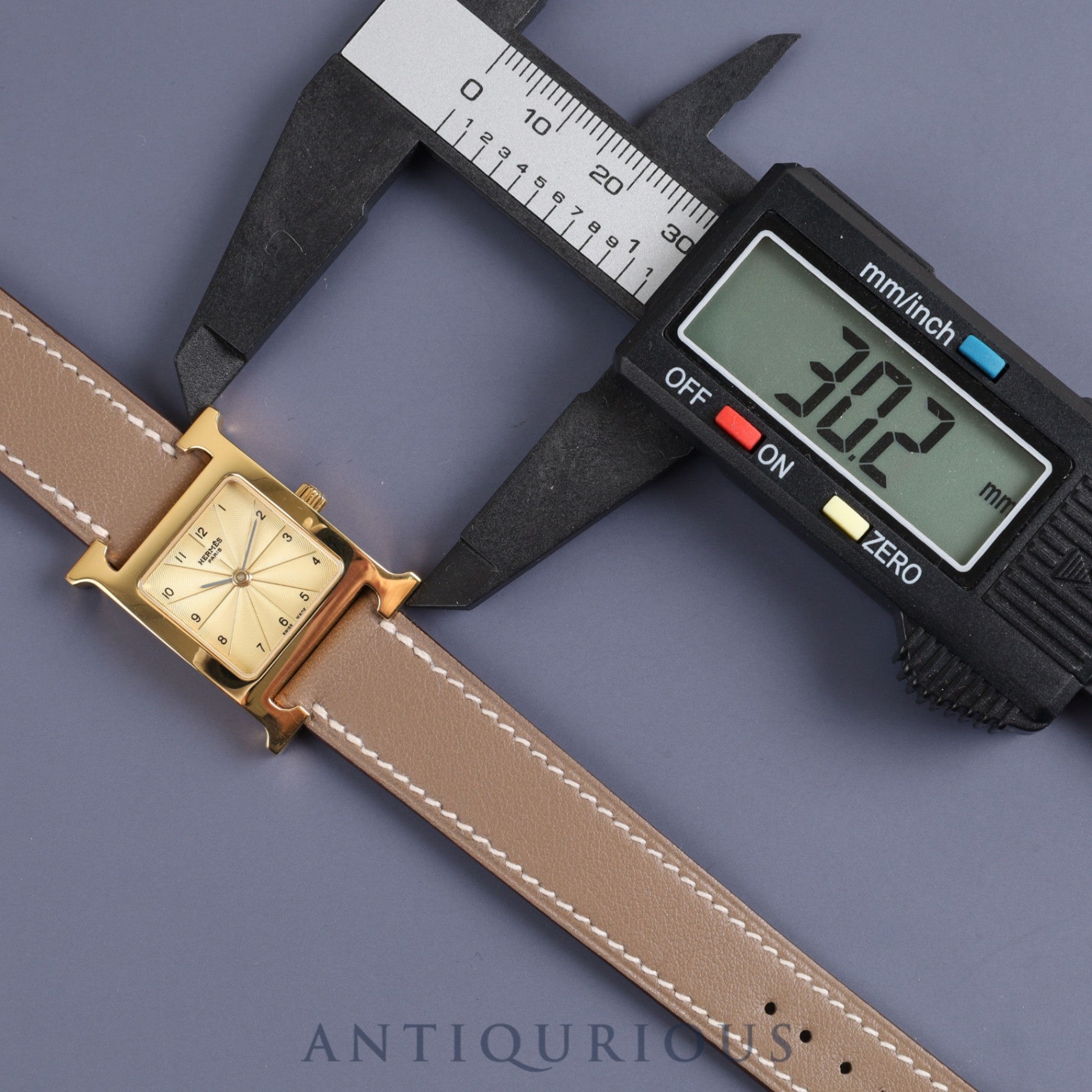 Hermes H Watch HH1.201 Quartz GP Genuine Leather Strap Gold Dial