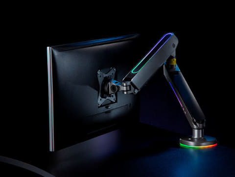 アイ・オー、光る“ゲーミング”モニターアーム。最大32/49型モニターに