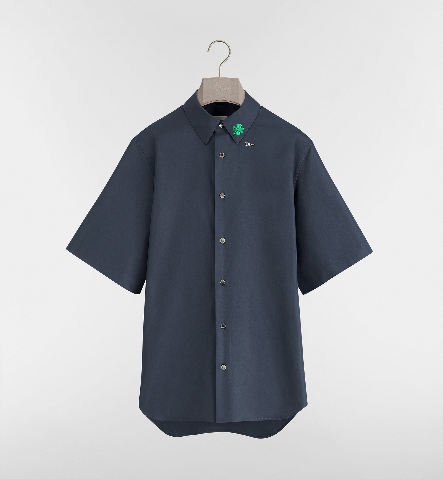 Short-Sleeved Shirt with Dior Clover Embroidery Navy Blue Cotton