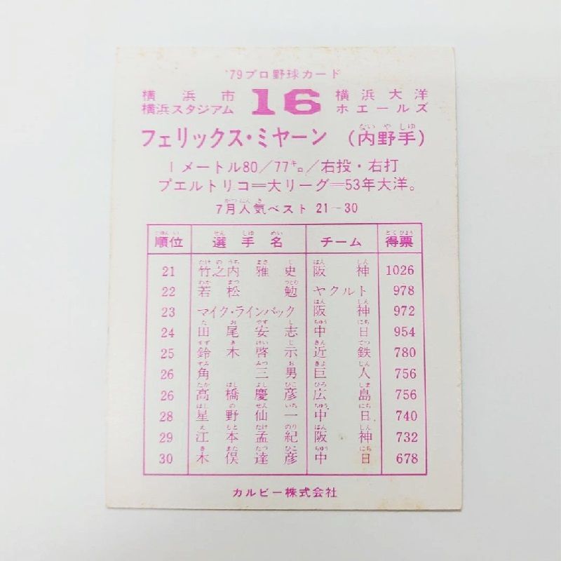 プロ野球カード 1979年 横浜大洋ホエールズ フェリックス・ミヤーン