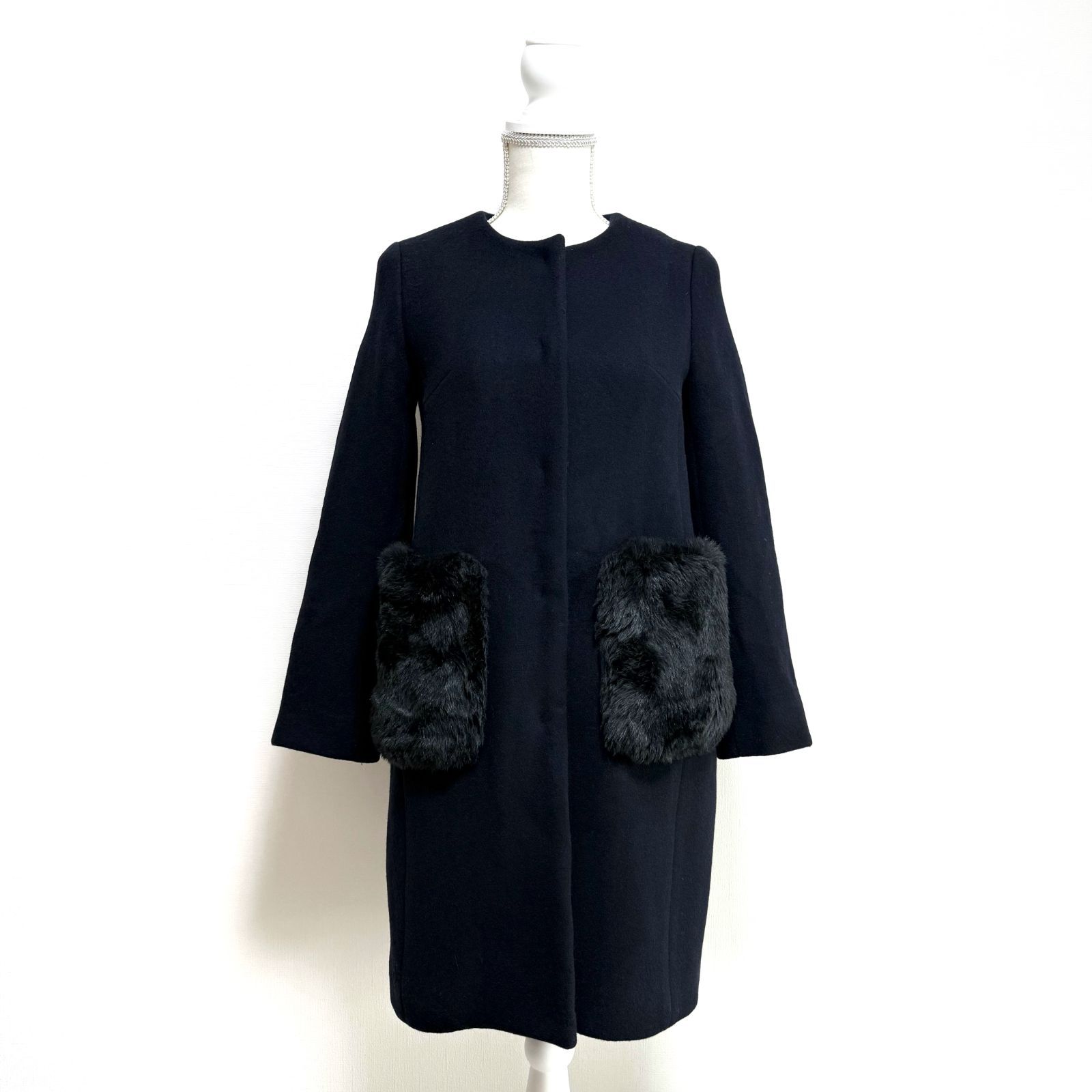M-PREMIER エムプルミエ ファーポケット コート ネイビー 34P ウール混