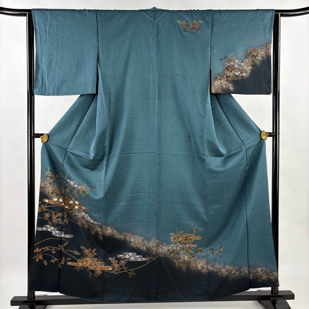 訪問着 身丈158cm 裄丈64.5cm M 袷 ヱ霞 橘 金彩 ぼかし 青緑 正絹 秀