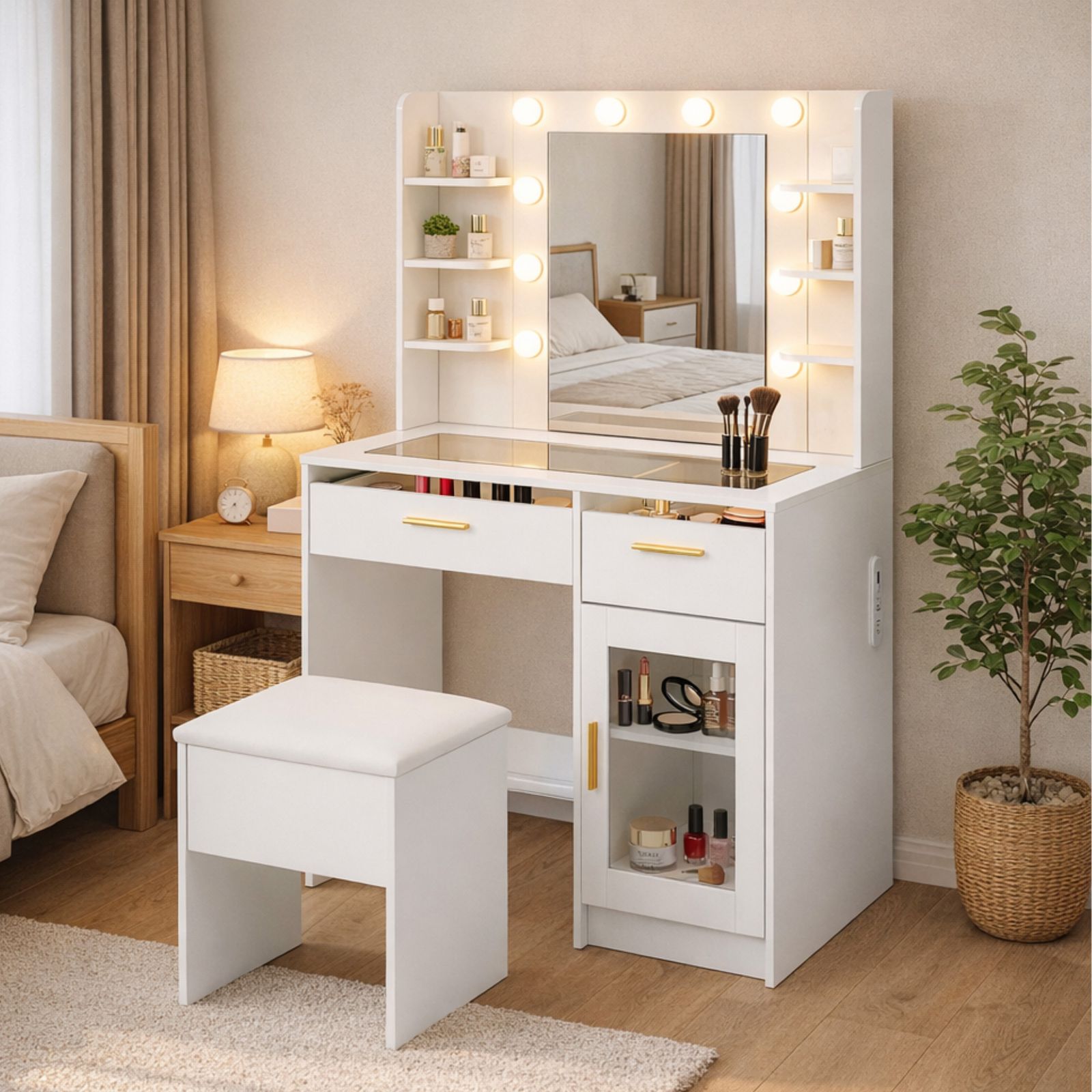 数量限定セール」ドレッサー LEDミラー付き 強化ガラス天板 2段