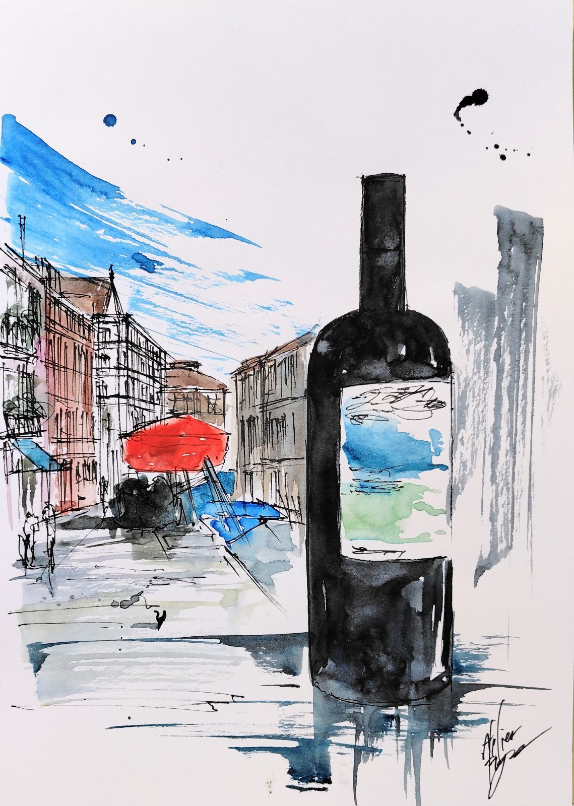 原画#372 黒猫 猫 ワイン ベネチア イタリア 水彩画 ドローイング