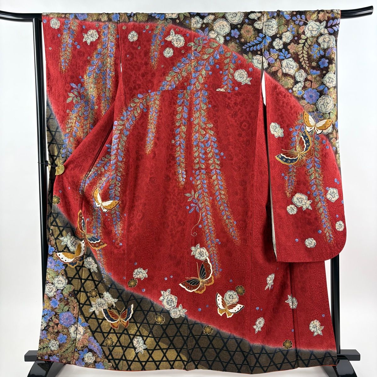 振袖 身丈162cm 裄丈67cm M 袷 蝶 草花 金彩 染め分け 赤 正絹 秀品