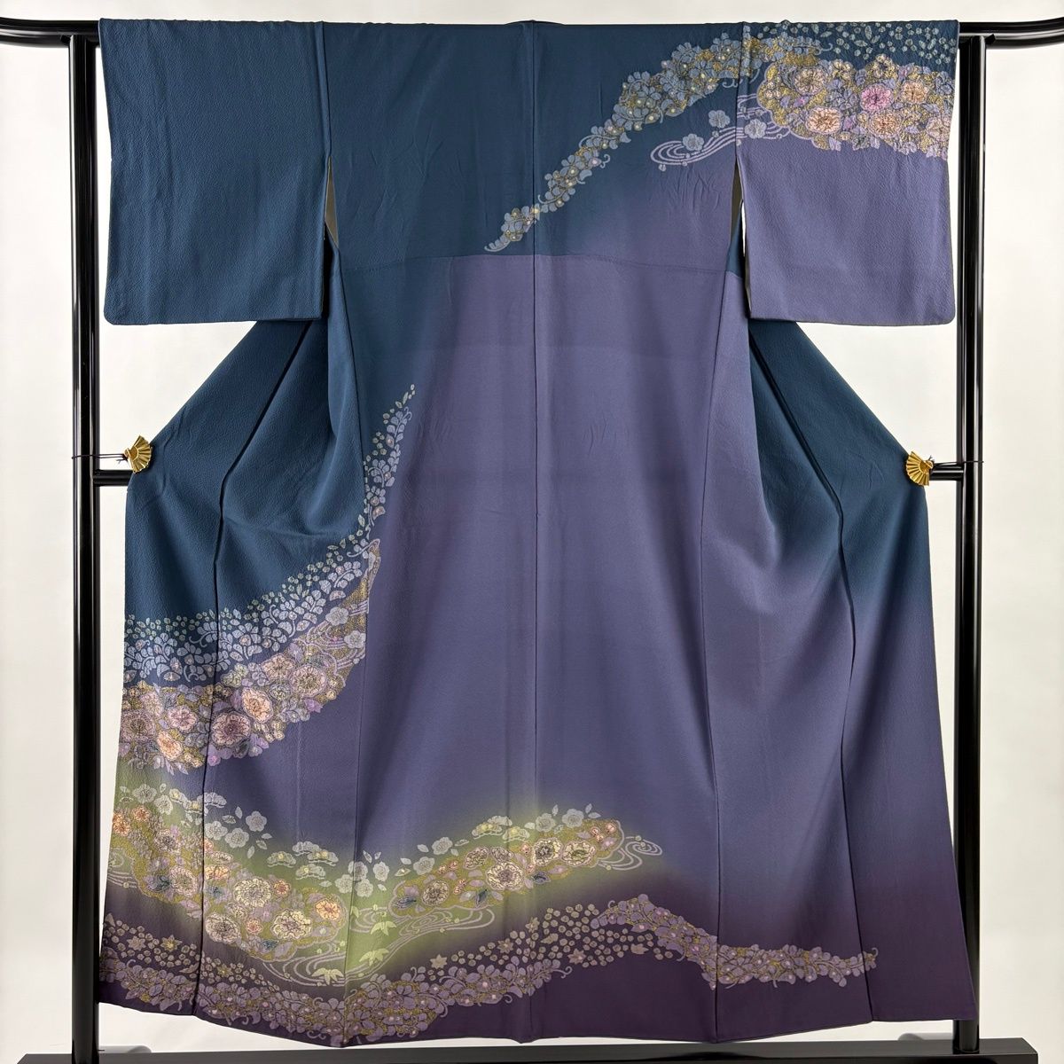 訪問着 身丈155cm 裄丈62.5cm S 袷 草花 流水 金彩 ぼかし 濃紺 正絹