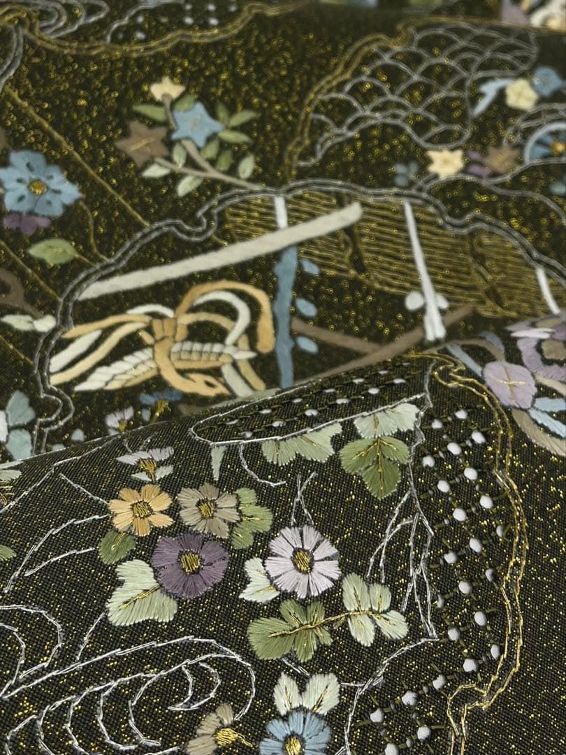 蘇州刺繍 汕頭刺繍 明綴れ地 袋帯 鳳凰 鳥 雪輪 金通し 正絹 六通 Q894