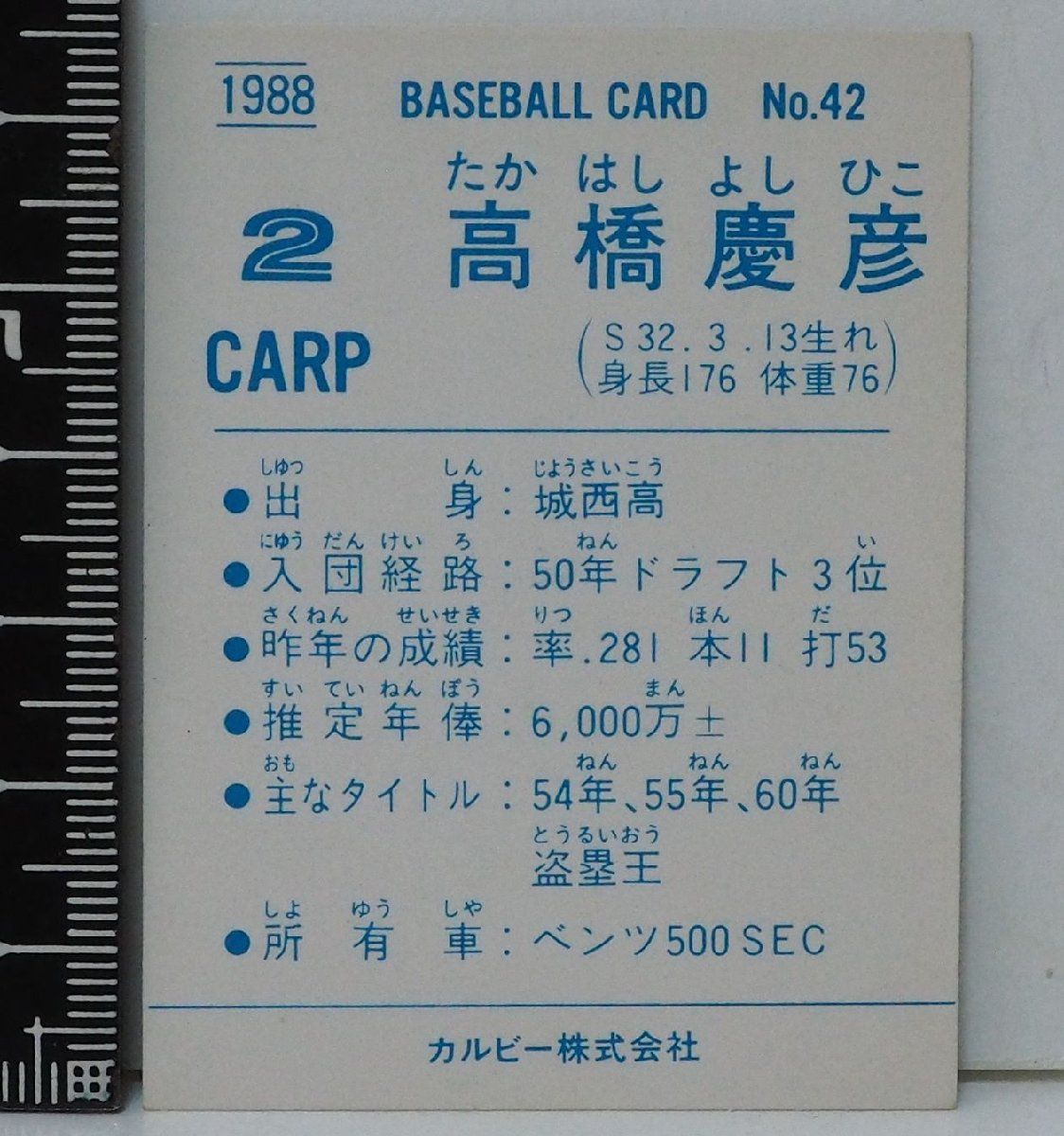 88年 カルビー プロ野球カード No.42【高橋 慶彦 広島東洋カープ】昭和
