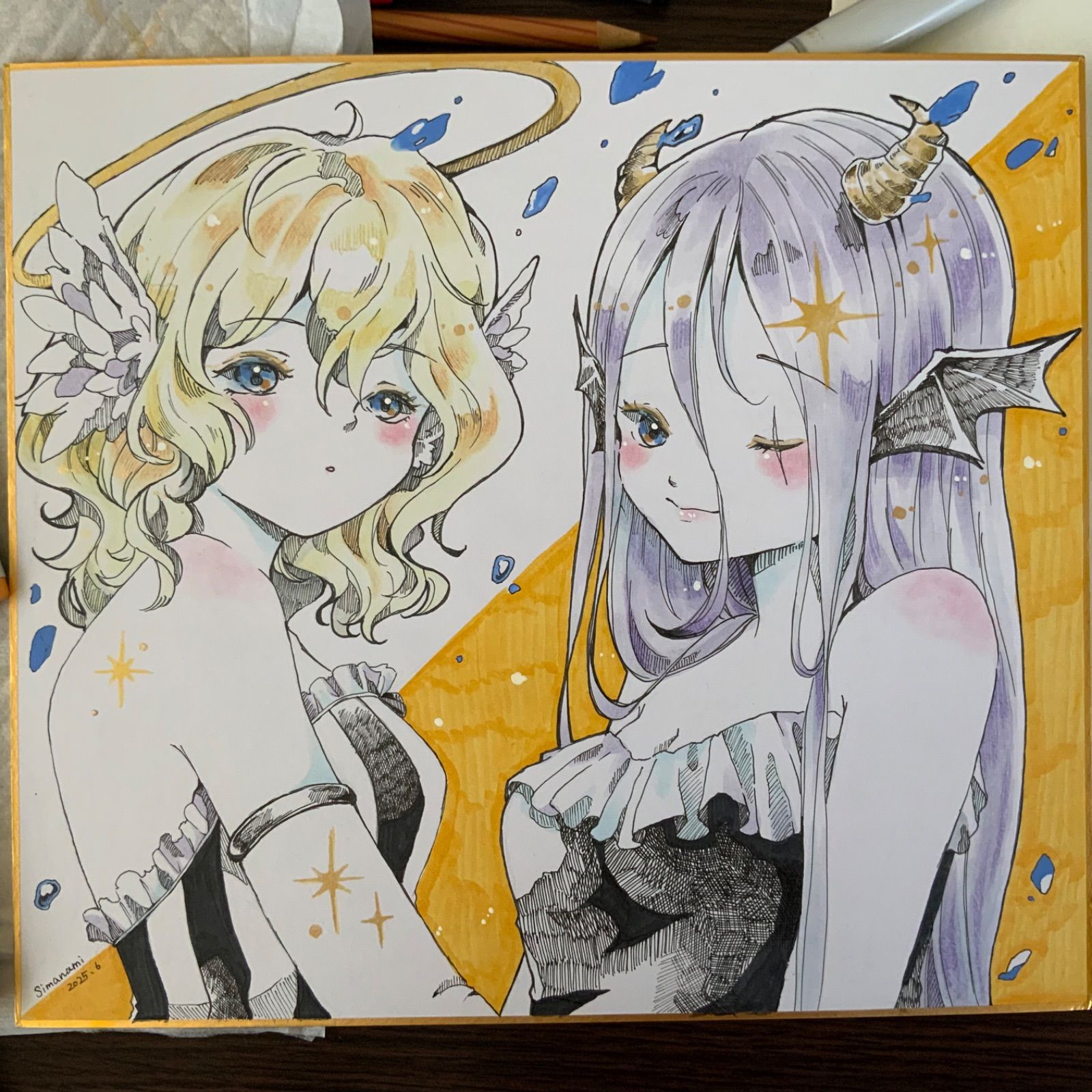 オリジナルイラスト 天使と悪魔ちゃん 色紙大 手描き 原画 女の子