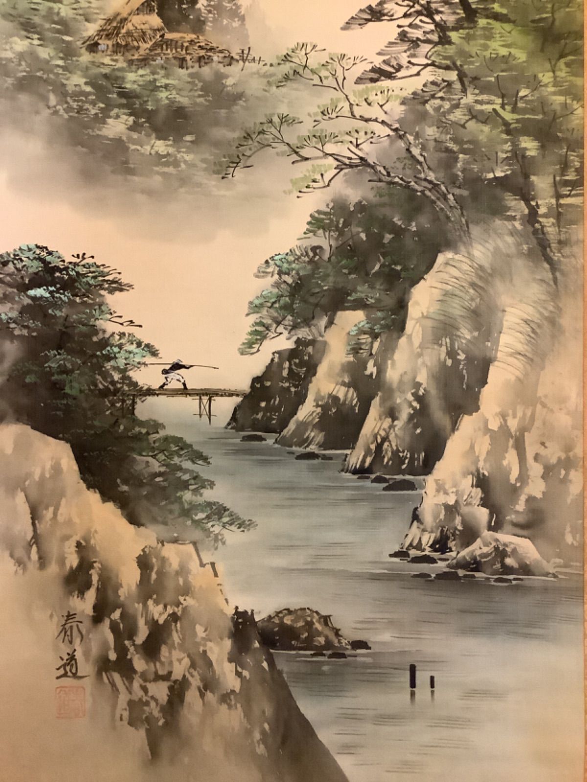 掛軸M009[田口春道 青緑山水]絹本 共箱 日本画 風景画 床間 飾り
