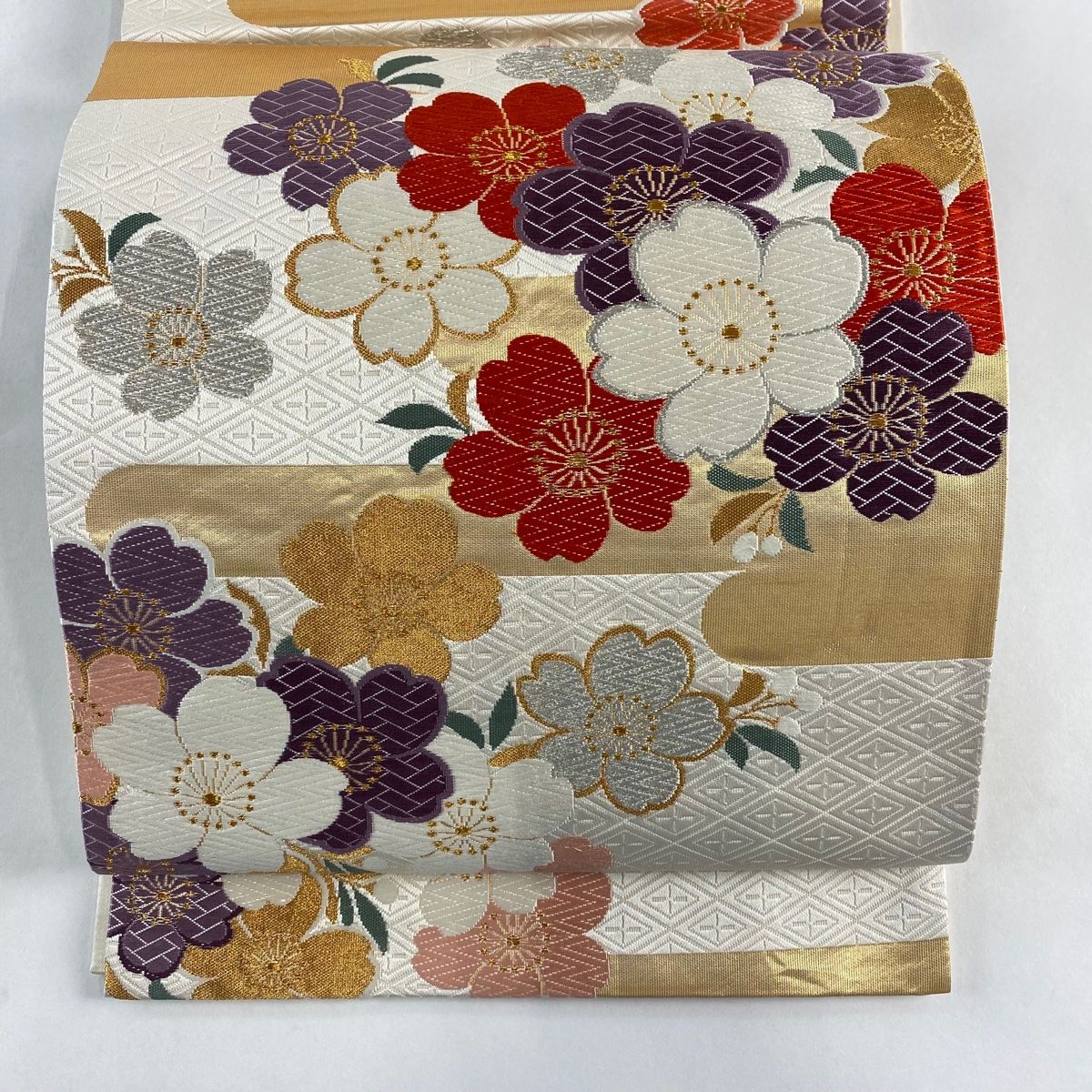 袋帯 秀品 桜 霞 箔 クリーム 六通 正絹 中古 袋帯 美品 名品 桜