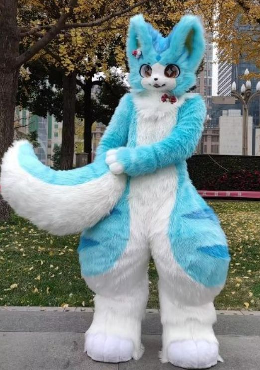 マスク 着ぐるみ ケモノ体 フルスーツ セット ミントブルー 全身 尻尾