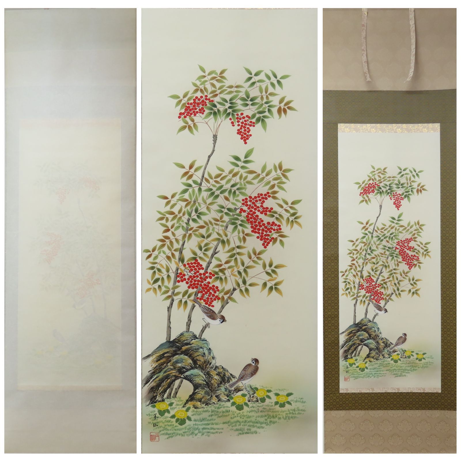 01s93 値下げ 美品 田中玉仙 真作保証 日本画家 掛軸「南天福寿」肉筆