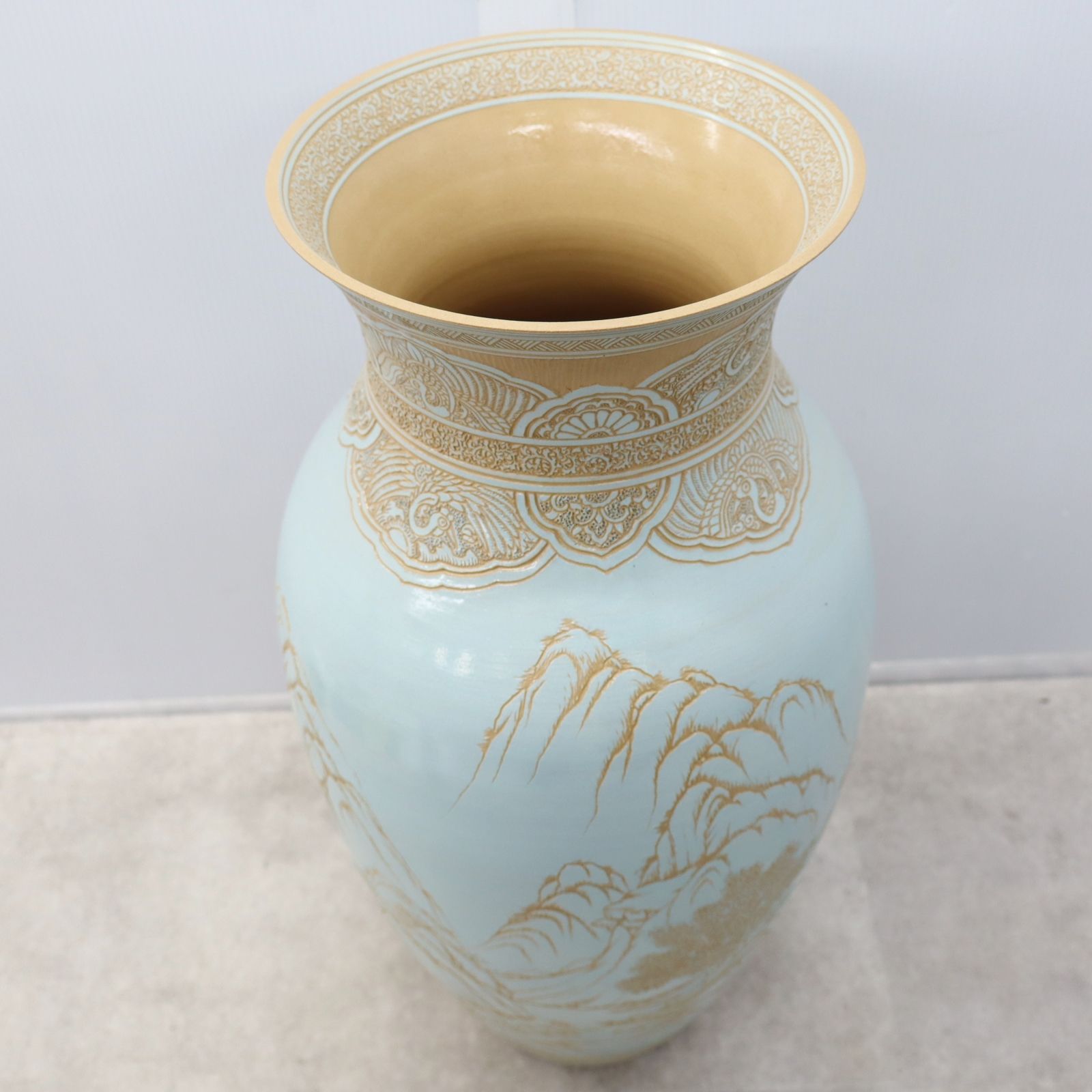 ▽骨董 古美術 ｜華壺 つぼ 花器 山水図｜東炎窯 金東和 作 東炎釉裏