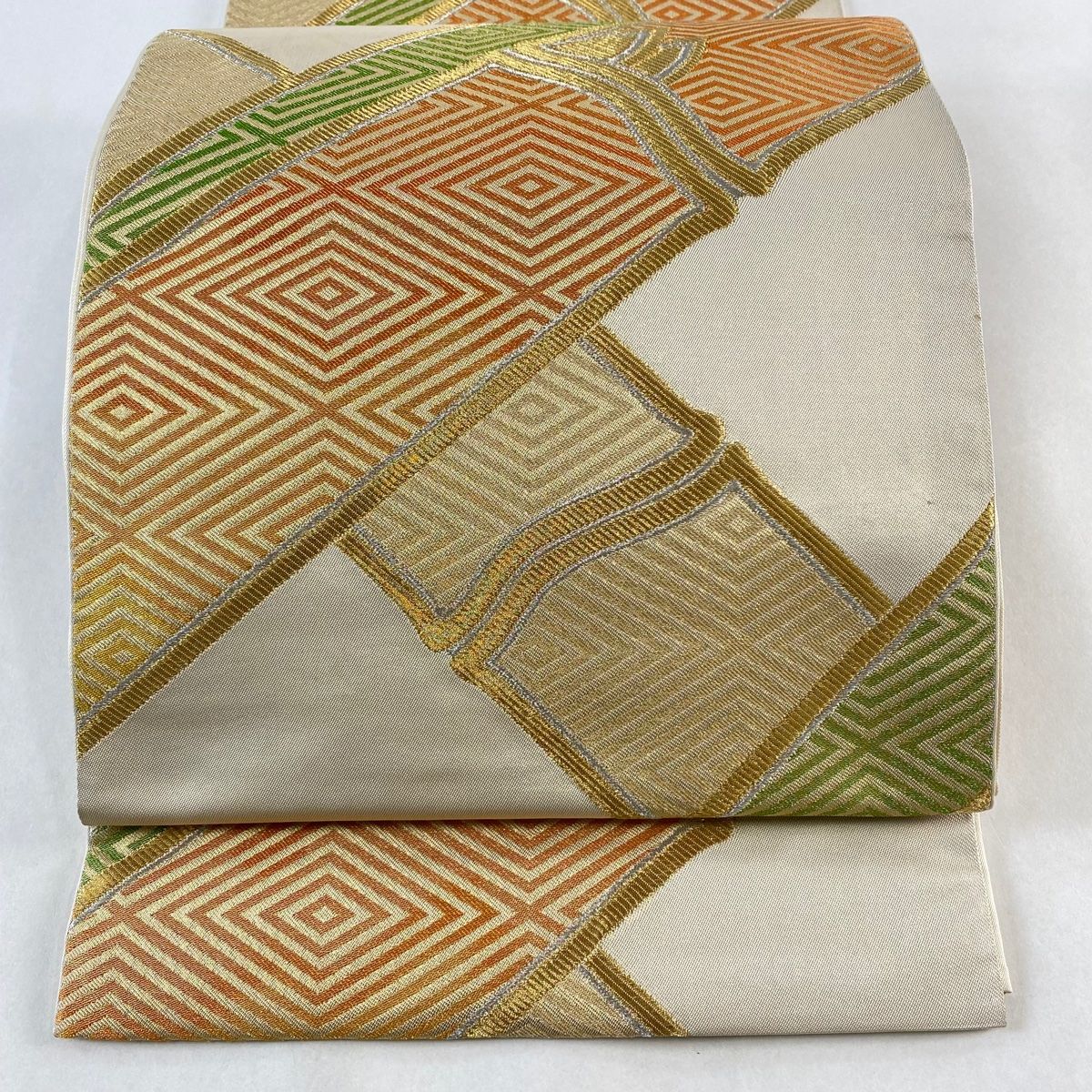 袋帯 秀品 落款 川島織物 竹 入子菱 金銀糸箔 金色 六通 正絹 【中古