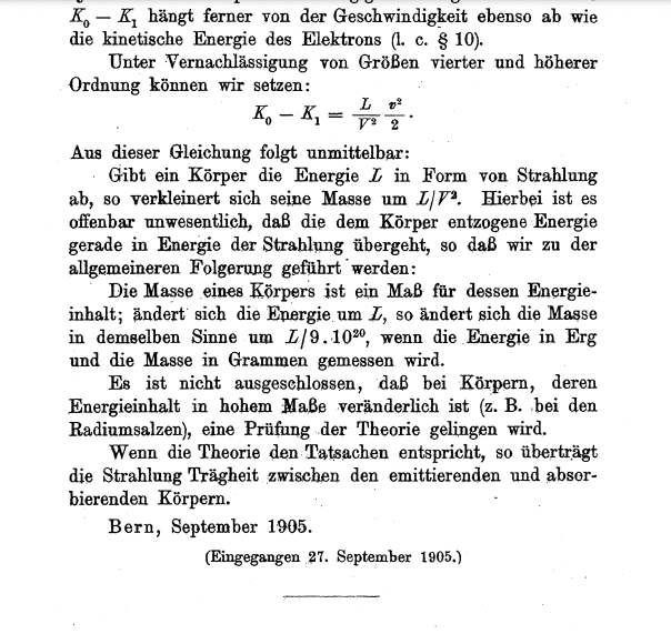 アインシュタインの原論文を読んでみよう（1905年 : E=mc^2 は論文に出