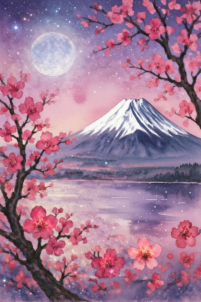 花のしずく』 AIアート – Blossom Dew 満月桜富士山 Full Moon Cherry