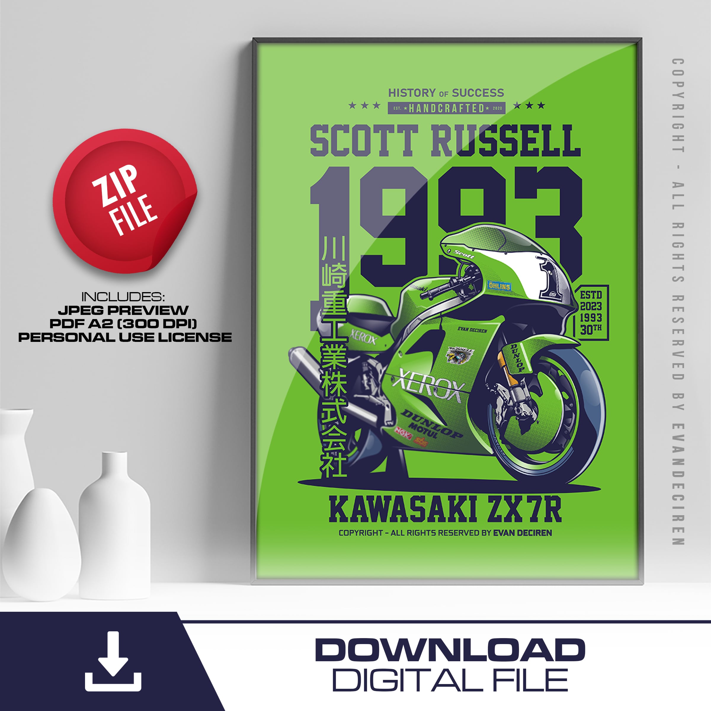 Kawasaki ZX7R 1993 Scott Russell Poster | MotoGP Superbike Racing