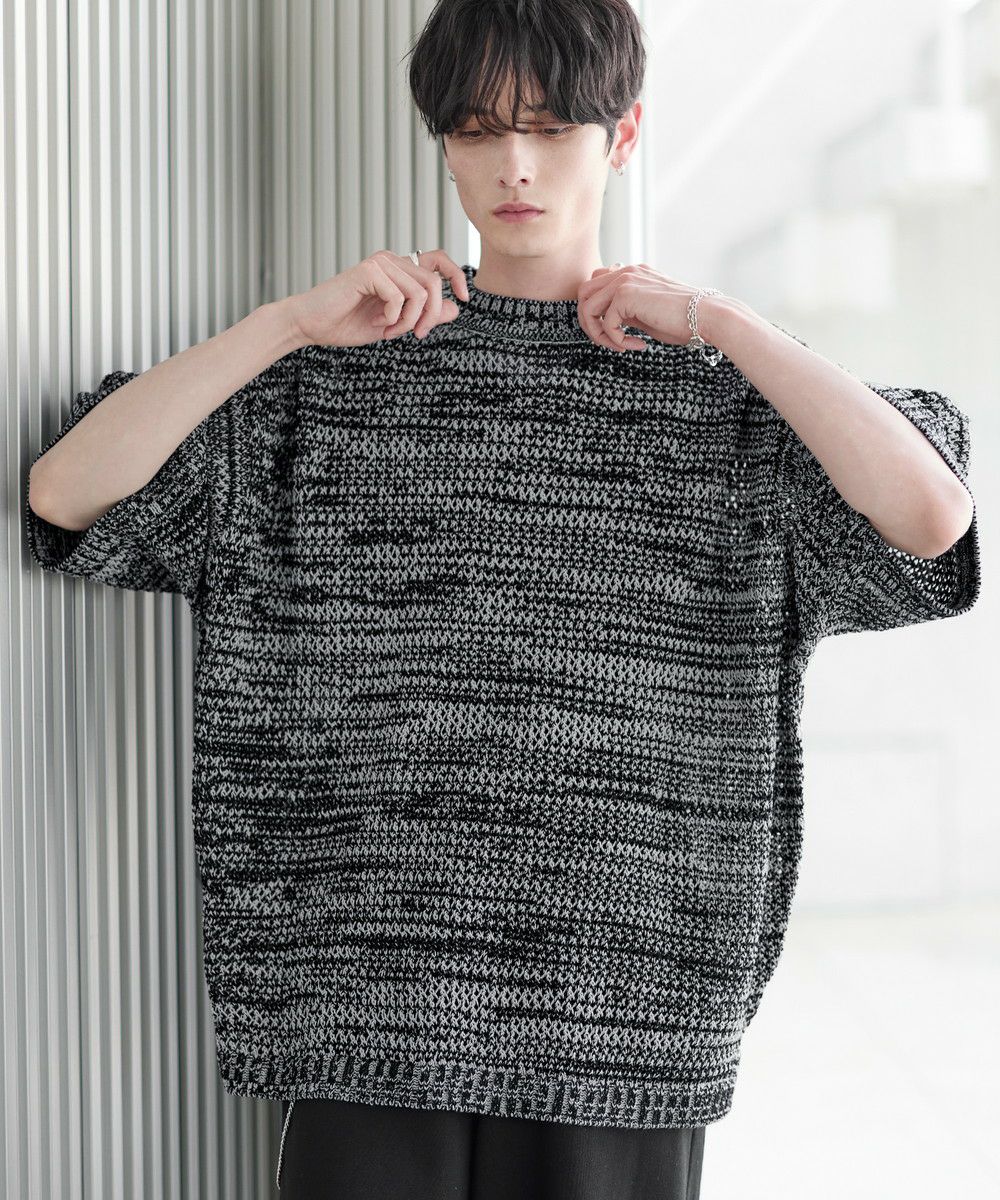 透かし編みメランジドルマンメッシュ5分袖ニット | ASTRONOMY