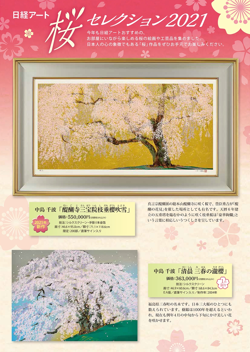 中島千波】金色の額縁に優雅な満開の桜 中島千波】金色の額縁に優雅な