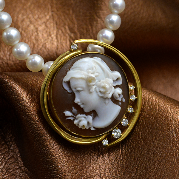 K18YG シェルカメオ ブローチ ペンダントトップ 女横顔柄 11.6g 作家物