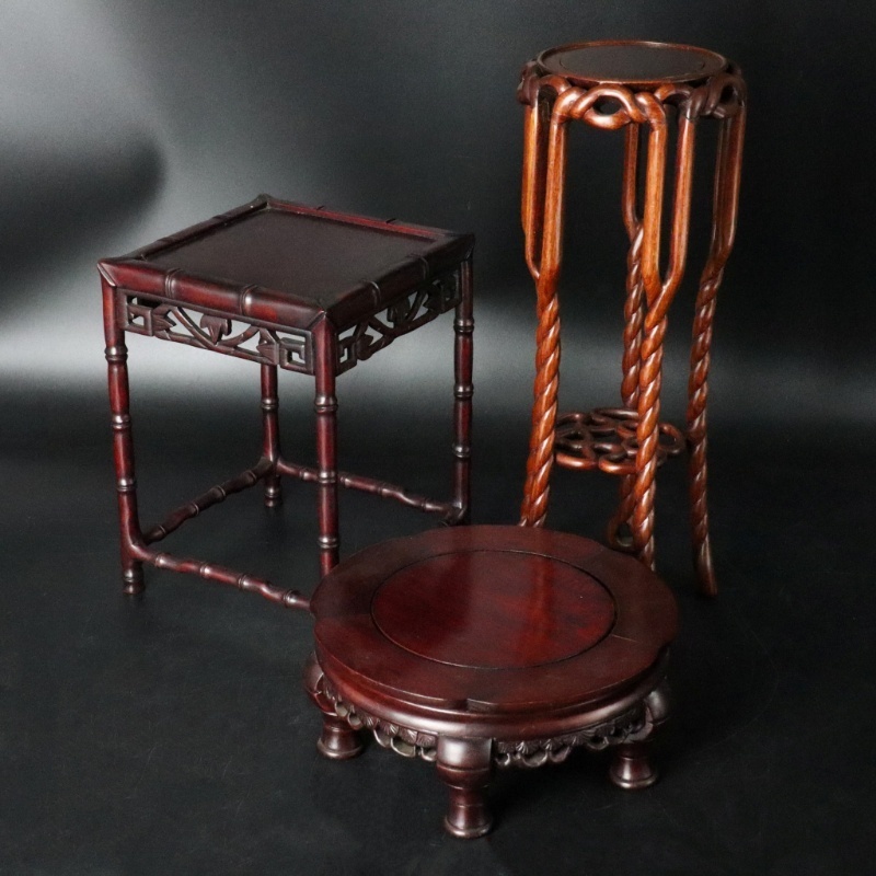 中国 梅彫 大理石嵌唐木花台 茶道具 送料込み260113 中国 梅彫 大理石