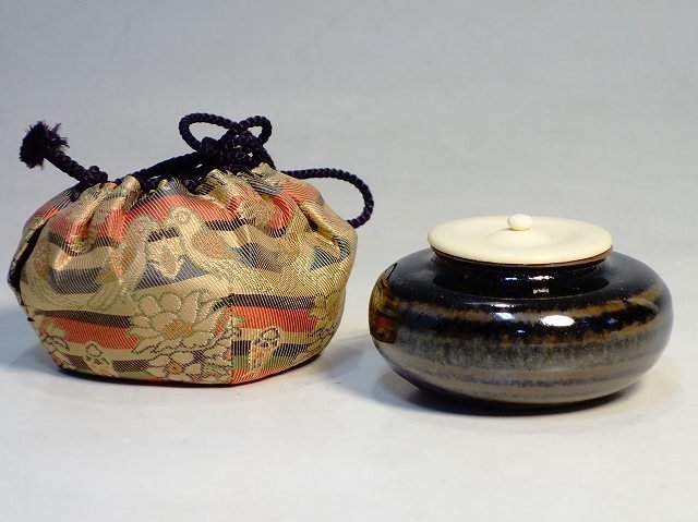 茶道具 黄瀬戸耳付 茶入 松本鐵山造 共箱 茶道具 黄瀬戸耳