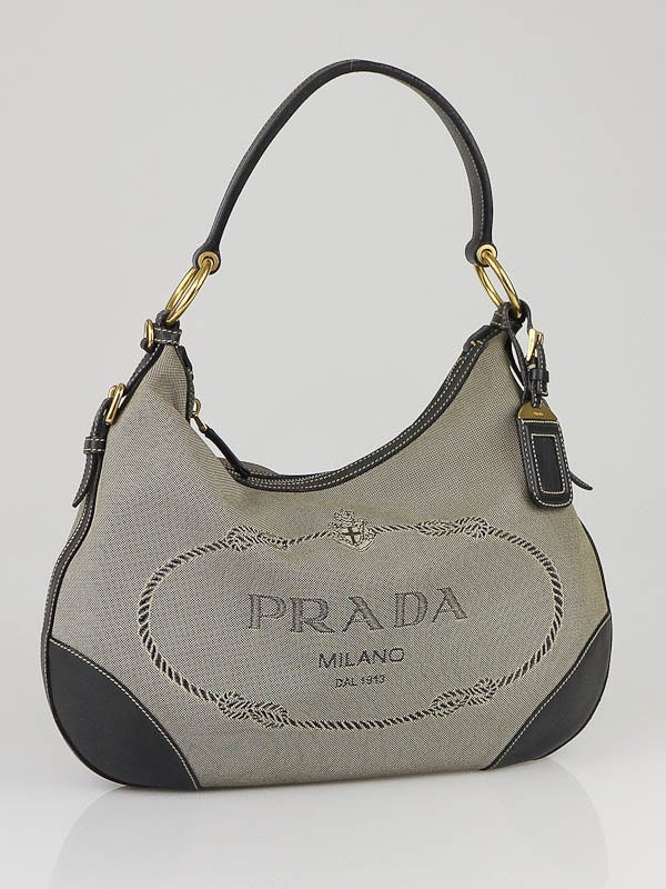 Prada Navy Blue Canvas Jacquard Logo Shoulder Bag | Yoogi's Closet