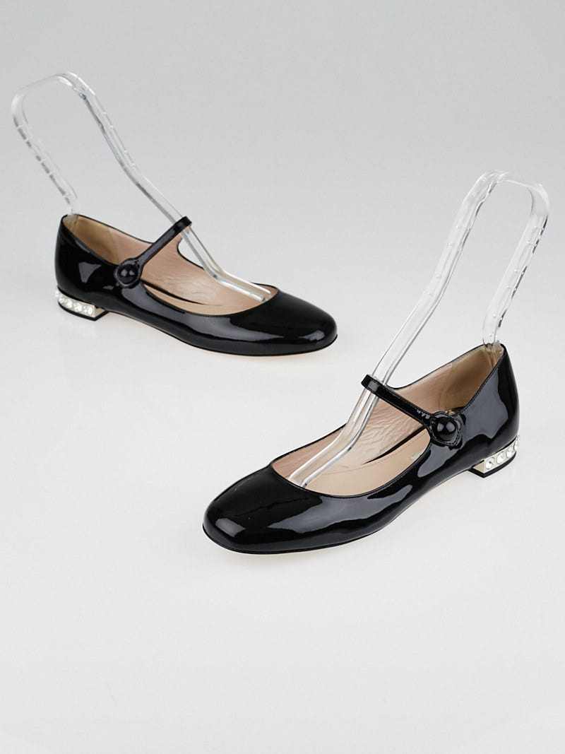 Miu Miu Black Patent Leather Jeweled Heel Mary Jane Flats Size 7.5