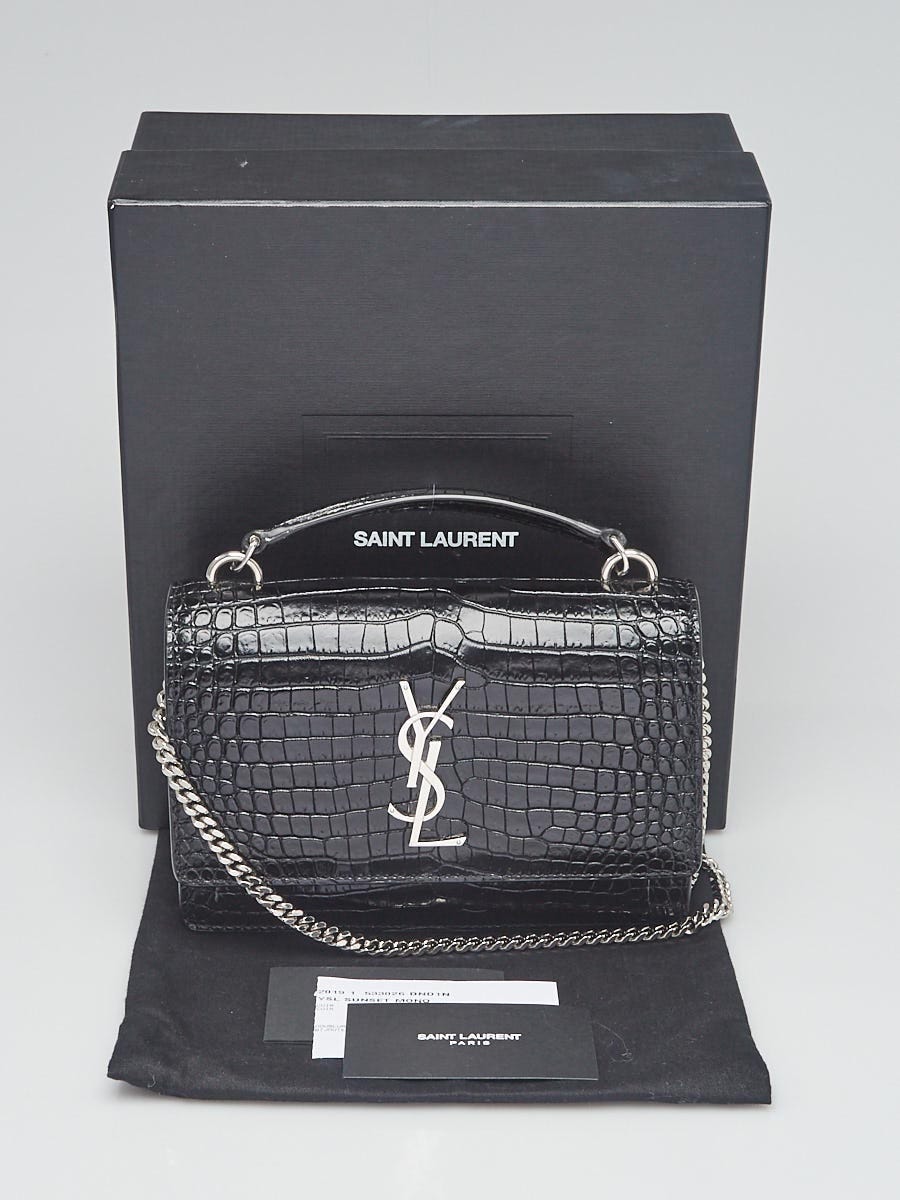 Yves Saint Laurent Black Crocodile Embossed Leather Sunset Top