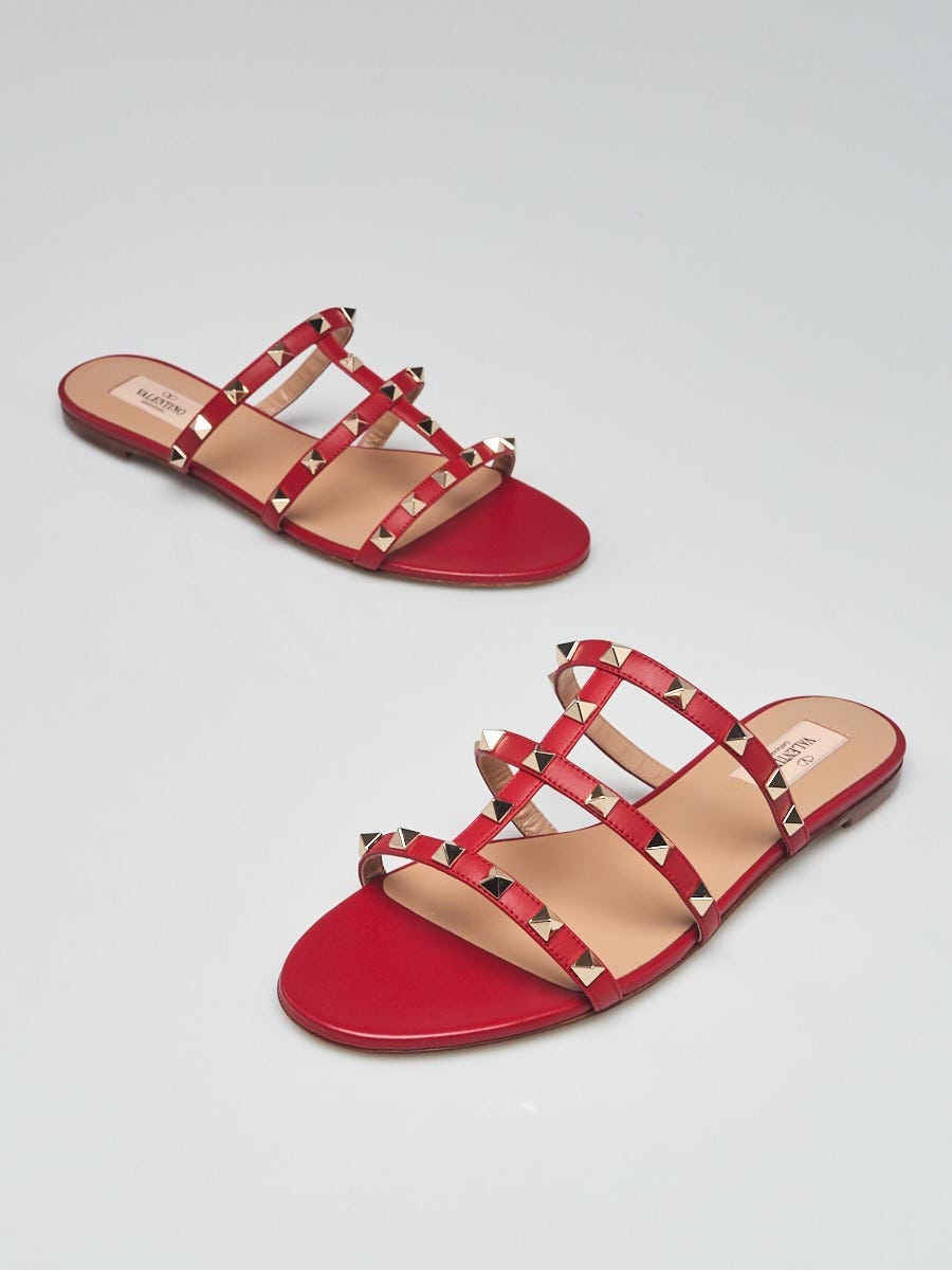 Valentino Red Leather Rockstud Open Toe Slide Flat Sandals Size 9