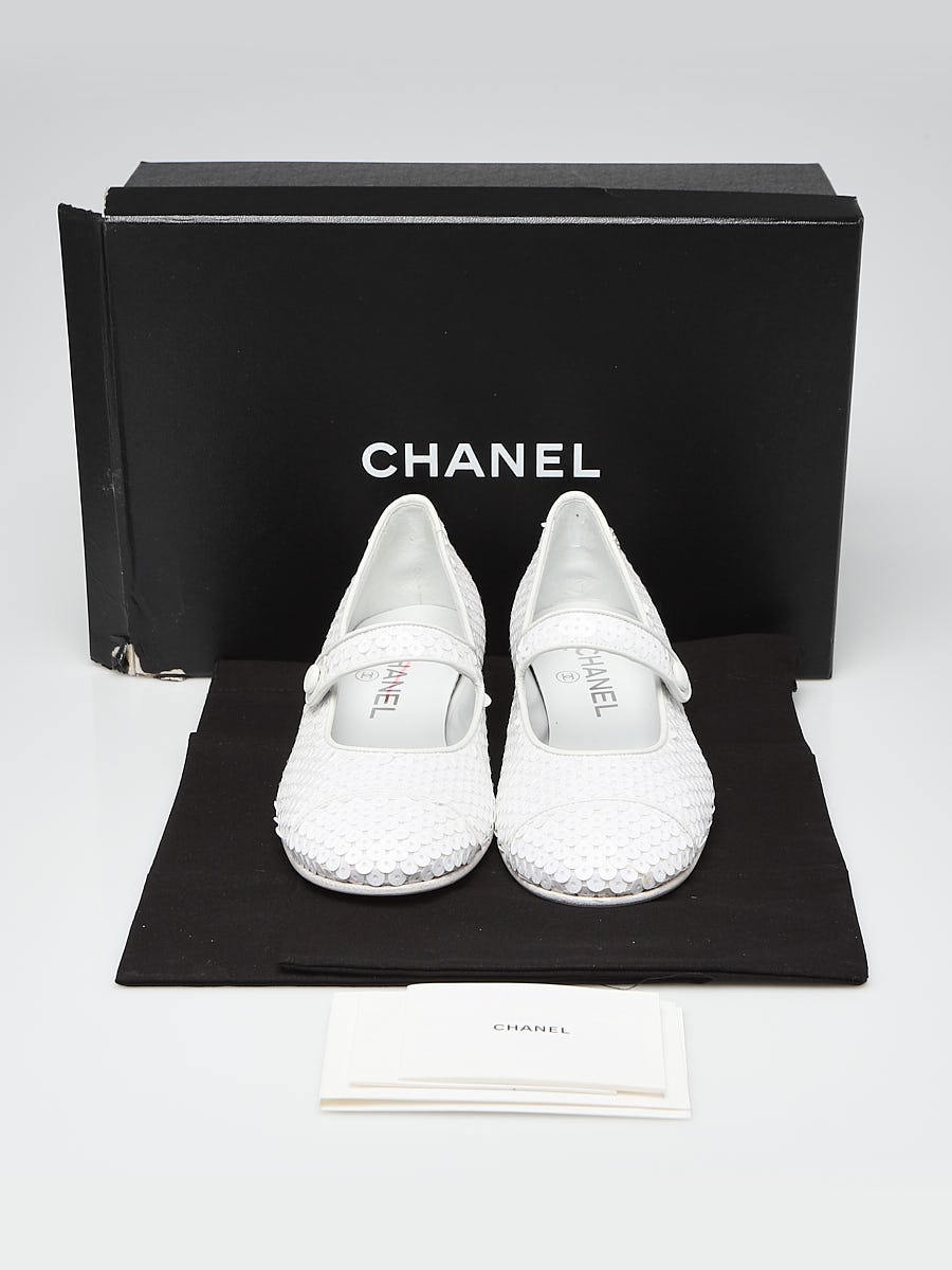 Chanel White Sequin Mary Jane Flats Size 5.5/36 | Yoogi's Closet