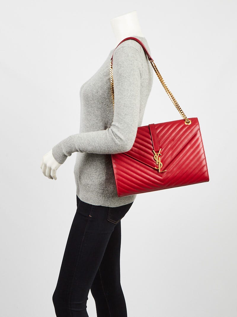 Yves Saint Laurent Red Quilted Leather Large Monogram Flap Bag