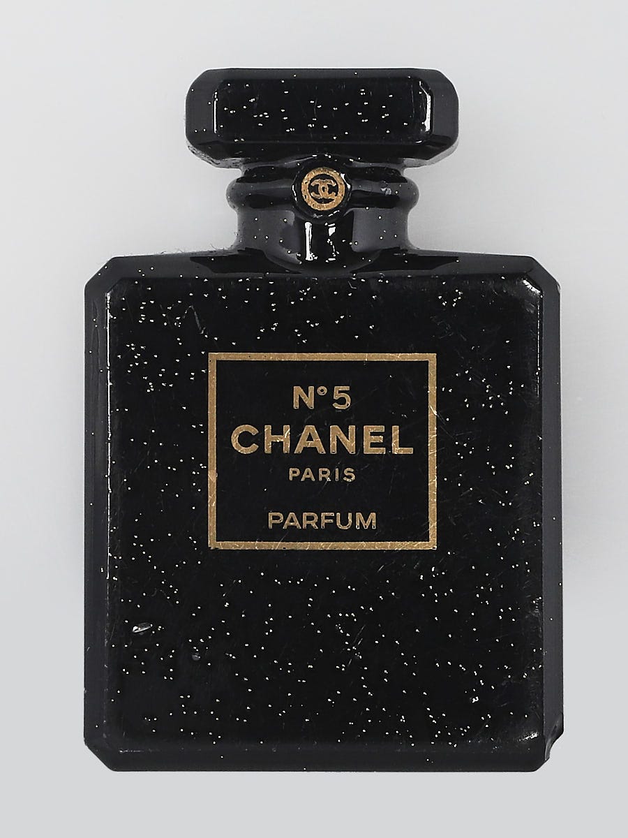 Chanel Black Glitter Resin Chanel No. 5 Parfum Brooch | Yoogi's Closet
