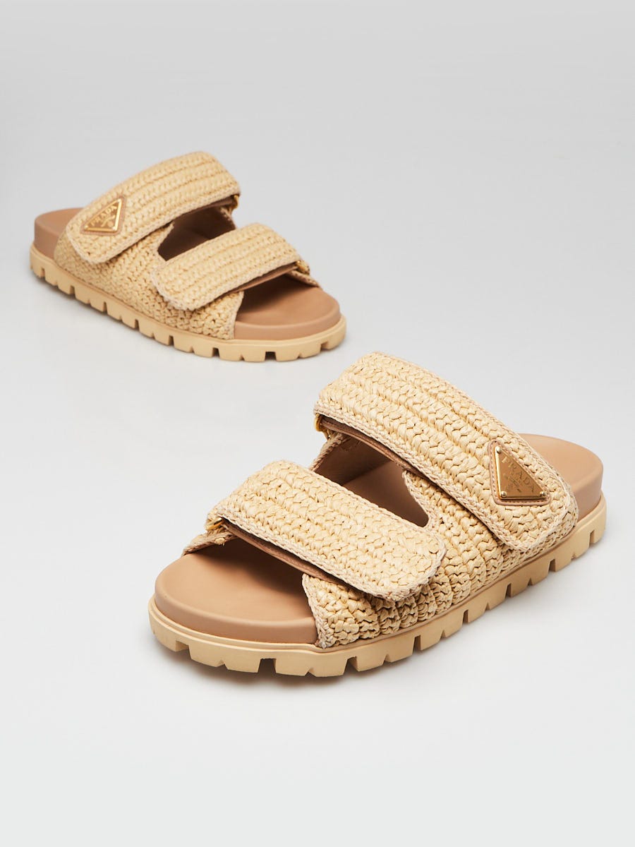 Prada Natural Fussbett Raffia Dual Buckle Slide Sandals Size 5.5