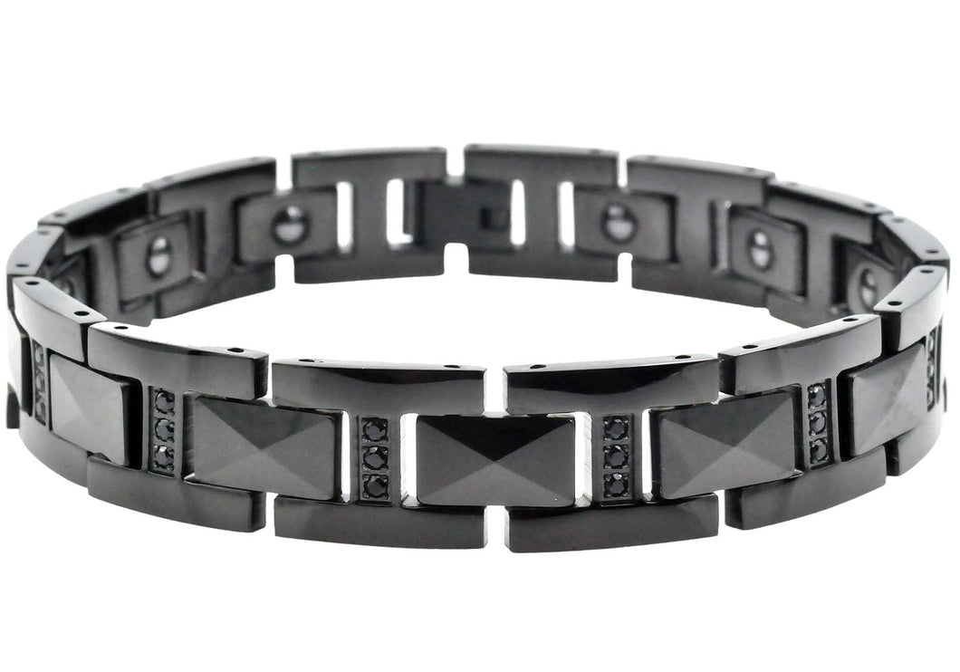 Mens Black Tungsten Link Bracelet With Black Cubic Zirconia