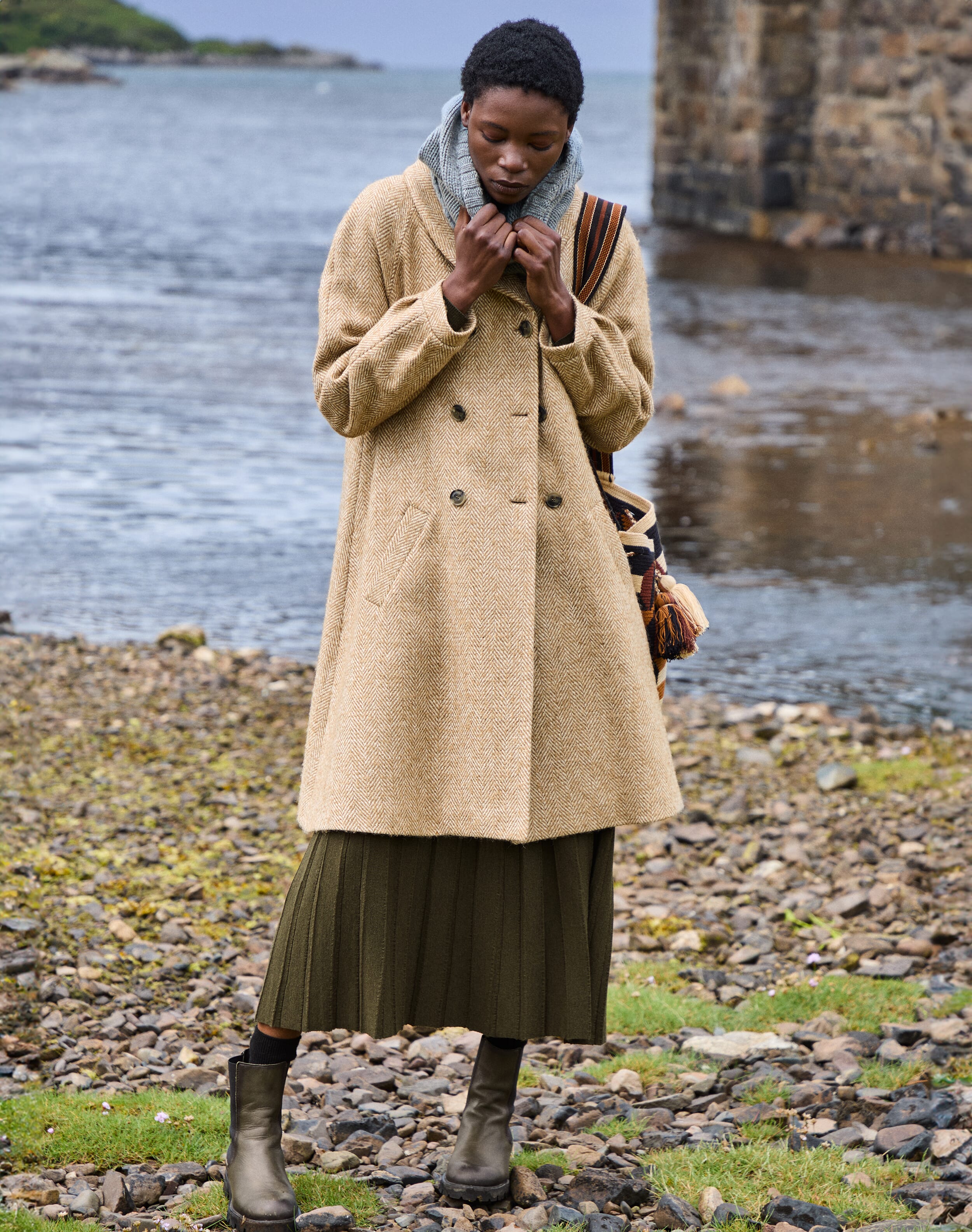 Herringbone Wool Swing Coat in Oatmeal | Brora Sale