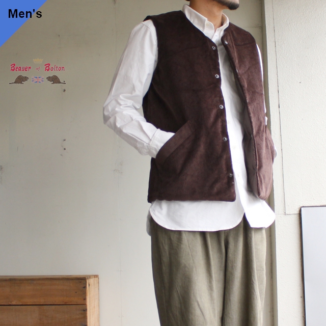 BEAVER of BOLTON コーデュロイカラーレス中綿ベスト ブラウン - C