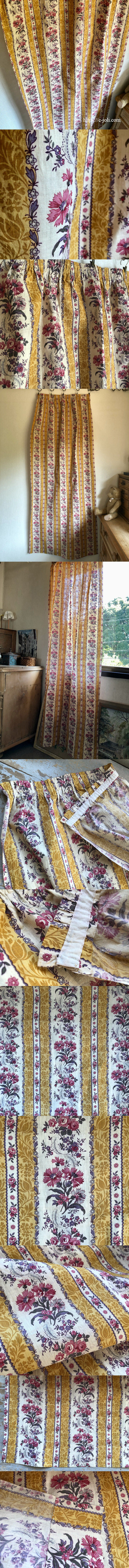 C1164 フランスアンティークカーテン ストライプ＆花柄プロヴァンス麻