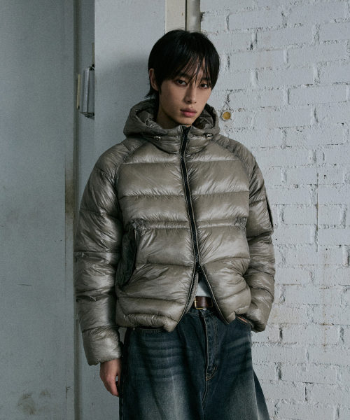 シースルーキルティングフード軽量ダウン - ダークグレー（ダウン