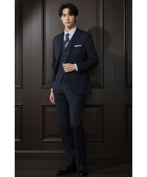 ベスト付き】スリーピーススーツ シャドウストライプ ネイビー（スーツ
