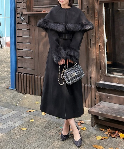 セール】ケープ付2wayロングノーカラーコート（ノーカラーコート